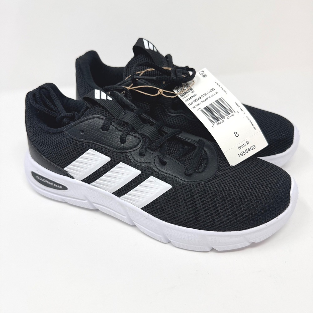 Adidas Cloudfoam Flex Laces Womens 8 Wide‎ Black White Running Shoes HQ4960 NEW